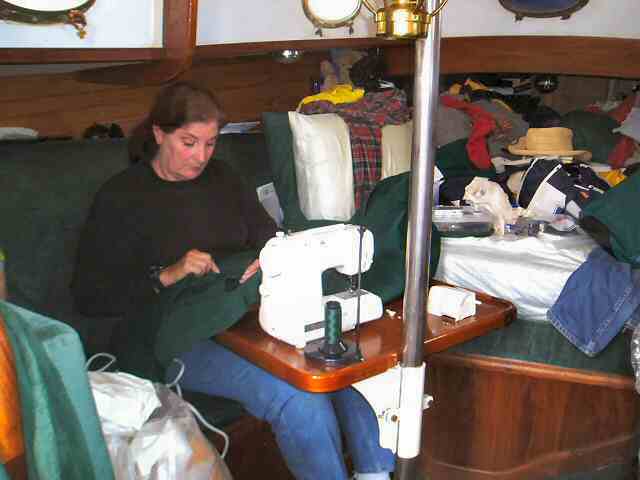 Jill sewing the weather cloths